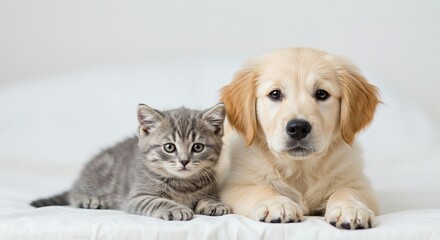Golden retriever puppy and tabby kitten portrait