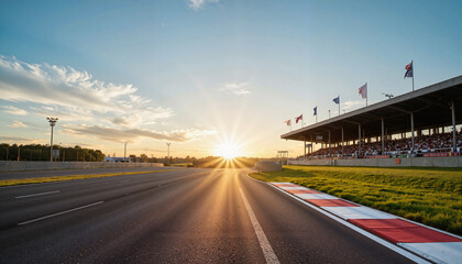 Obraz premium Race track landscape at sunrise with grandstand and flags 