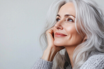 Naklejka premium woman with gray hair is smiling and looking at the camera. She is wearing a gray sweater and has a hand on her chin