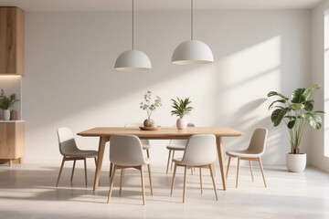 Modern dining table with wooden surface, minimalist chairs, and decorative plants, creating a stylish and clean interior dining space.

