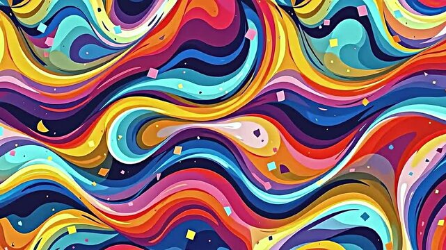 vibrant dynamic abstract pattern composed of swirling colorful shapes lines. design features harmonious blend of various hues including shades of red orange yellow blue purple pink creating...