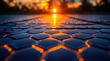 Obraz premium Hexagonal pattern reflecting sunset light on water surface