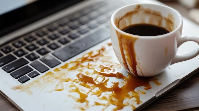 Coffee Spill on Laptop Keyboard with Mug and Messy Desk in Soft Natural Light 4k video footage