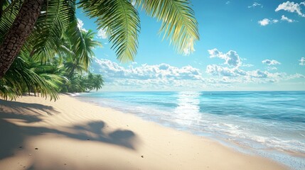 Tropical Paradise: Serene Beach with Palm Trees and Azure Ocean