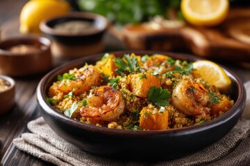 Fototapeta premium Delicious grilled shrimp quinoa bowl with vegetables and lemon garnish.