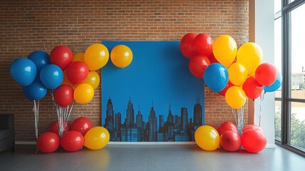 Superhero Party Central - Bold primary-colored decorations with comic book style banners, cityscape backdrops, and balloon bouquets in heroic hues.