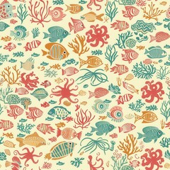 seamless aquatic cartoon pattern with playful sea creatures, pastel corals, and underwater plants, bright happy colors