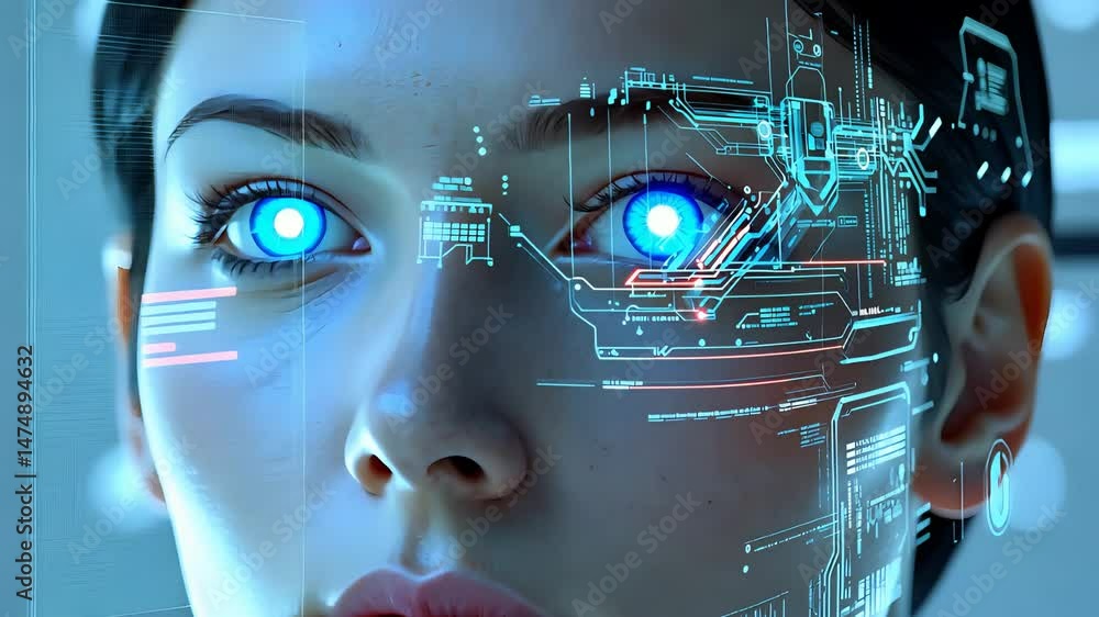 Aufkleber futuristic female android with glowing blue eyes and holographic digital interface overlay on face i