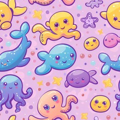 seamless aquatic cartoon pattern with playful sea creatures, pastel corals, and underwater plants, bright happy colors