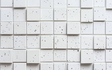 Abstract white square pattern wall, textured with small black specks.  Each square is slightly offset, creating a three-dimensional effect