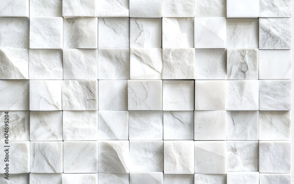 Poster a close-up view of a wall featuring a repeating pattern of white, square, marble tiles. each tile ex
