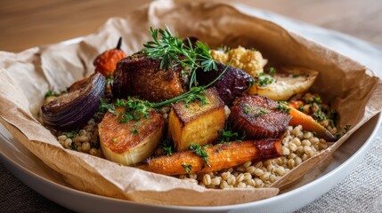 Fototapeta premium Roasted vegetables on barley with fresh herbs and garlic in a rustic setting.