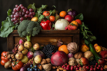 wooden crate filled with a variety of fruits and vegetables, including apples, oranges, and broccoli