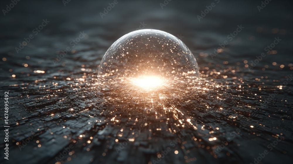 Poster abstract energy field: a glass sphere radiating light on a textured, dark surface creates a captivat