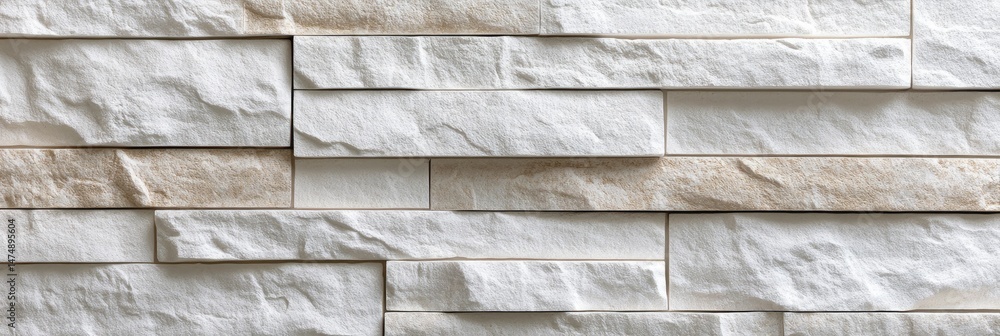 Poster close-up view of a light beige and white stone-effect wall cladding. horizontal rows of rectangular 