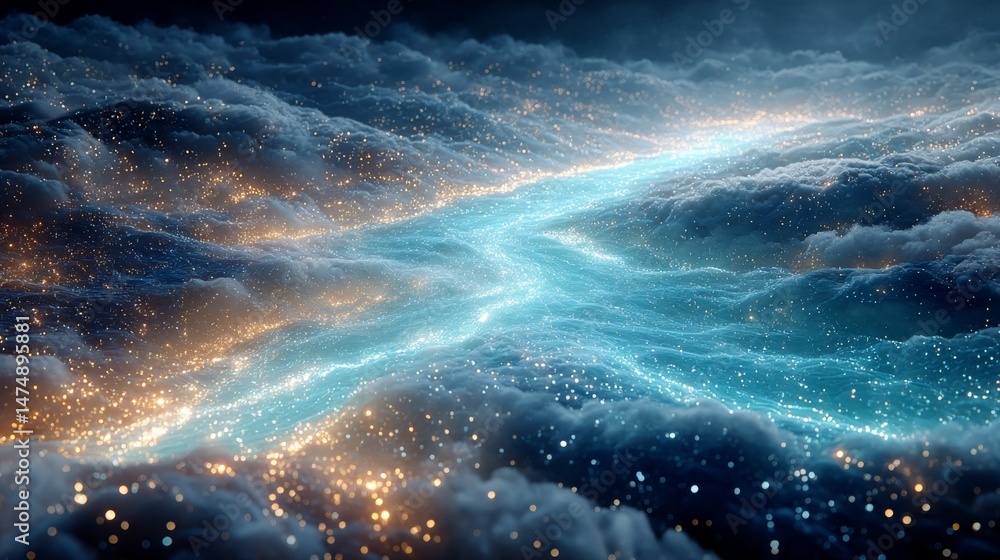 Poster celestial river: a dreamlike scene of a luminous blue river flowing through a mystical cloudscape ad