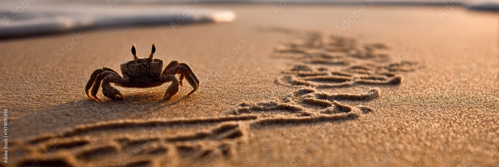 Poster Silhouette of a Crab on Sand With Ocean Patterns Fading Away During Sunset at a Tranquil Beach