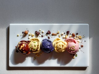 Colorful scoops of ice cream garnished with nuts and chocolate pieces on a white rectangular plate.