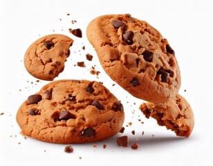  Tasty chocolate chip cookies falling image isolated on white perfect for food