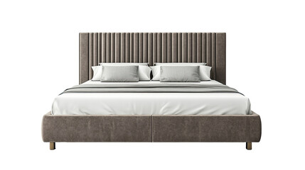 Modern gray upholstered bed with channel tufted headboard and white bedding isolated on white transparent background