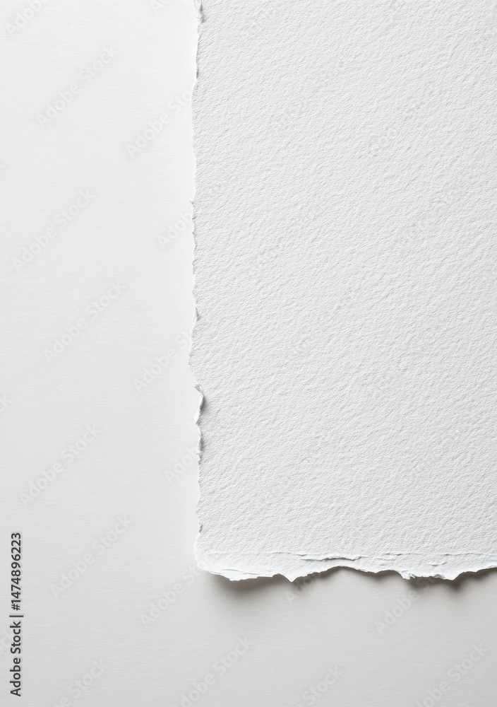 Poster close-up of a sheet of pristine white paper with a torn edge. the paper's texture is subtly rough, d