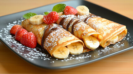 Three golden crepes, rolled and topped with sliced bananas, fresh strawberries, chocolate sauce, and powdered sugar, served on a dark-gray square plate