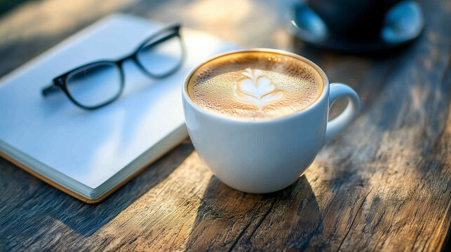 Morning scene with a steaming cup of cappuccino on rustic wooden table with reading glasses and notebook
