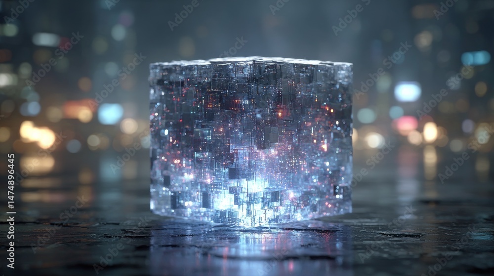 Fototapete crystal data cube: a futuristic digital entity in a bokeh cityscape, representing advanced technolog