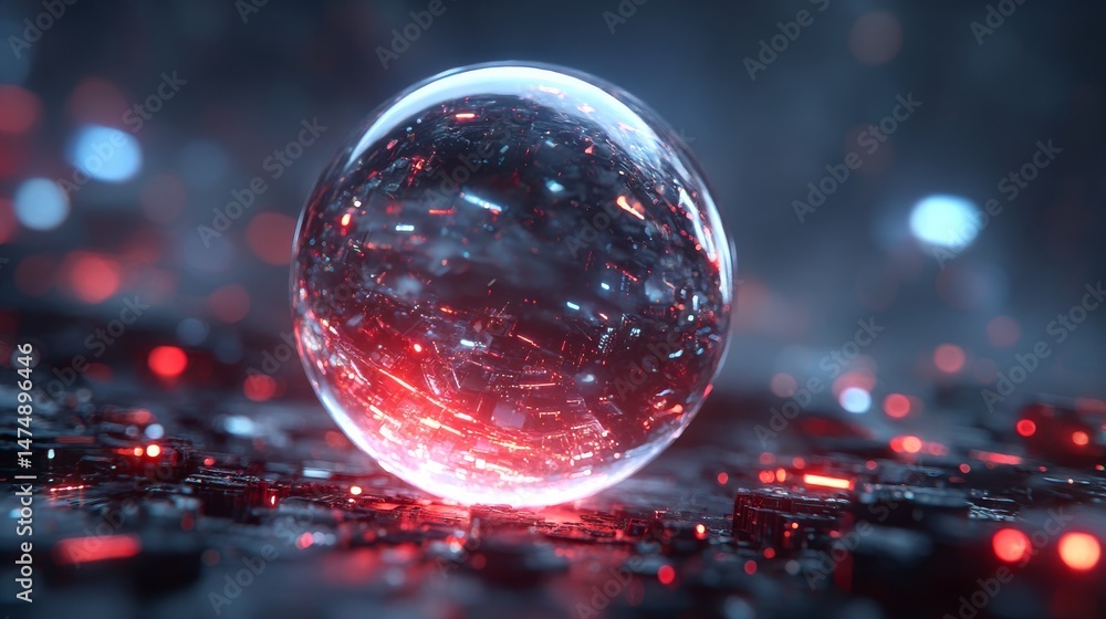 Aufkleber crystal ball on cybernetic circuitry: glowing orb reflecting digital future amidst red and blue ligh