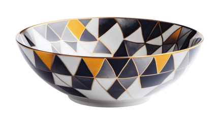 Elegant ceramic bowl with modern geometric design in black, white, and gold tones isolated on white transparent background