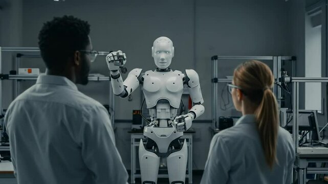 A diverse male and female research team observe an advanced humanoid robot in a futuristic laboratory, showcasing technological innovation and teamwork in robotics.