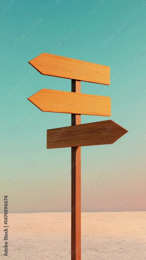Poster Multiple views of a wooden signpost with three arrows pointing in different directions, symbolizing choices and decision making in a vast, sandy desert landscape under a clear sky