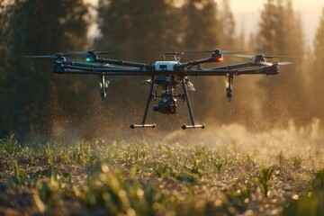 A drone spraying crops in a field during the golden hour, showcasing modern farming practices.