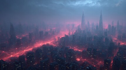 Fototapeta premium Cyberpunk Metropolis: A Dystopian Cityscape Illuminated by Glowing Red Networks Under a Moody Sky