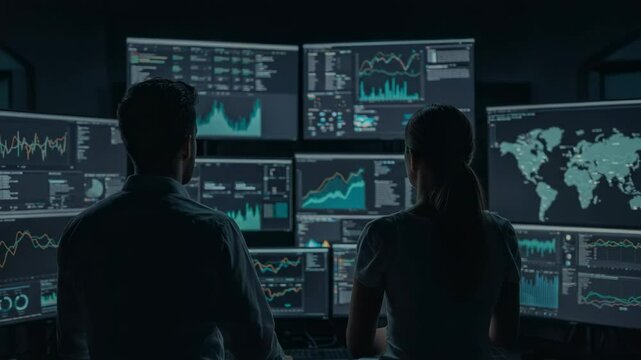 A Male and Female Data Analysts Collaborate in a Dimly Lit Control Room Surrounded by Multiple Screens Displaying Financial Charts and Analytics