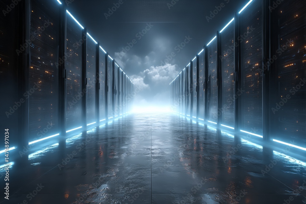 Poster data center hallway with servers and cloud computing at the end, glowing blue lighting, modern, and 