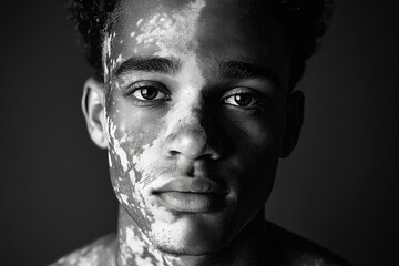 A close-up portrait showcasing a young man with vitiligo in dramatic black and white.