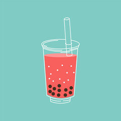 Flat style illustration of a colorful bubble tea cup with tapioca pearls and a wide straw, perfect for beverage-themed designs, cafe branding, or refreshing drink visuals.