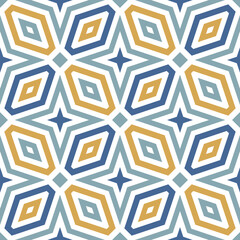 Seamless geometric pattern with a colorful modern design of blue and yellow diamond shapes on a white background. Simple and trendy style. Abstract vector illustration.