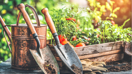 Gardening tools rest near produce in sunlit garden container
