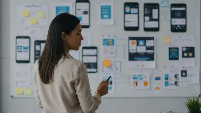 Female UX Designer Analyzing Wireframes and User Interfaces in a Modern Office Space with Mobile App Mockups on the Wall