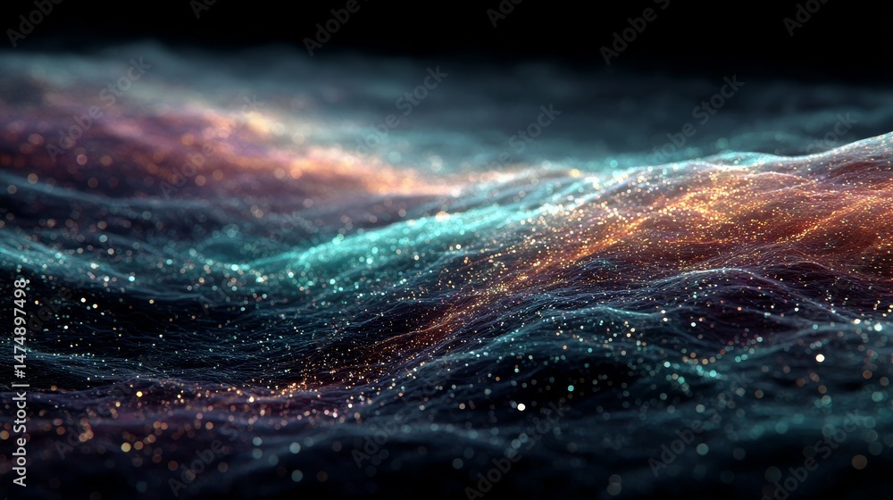 Poster ethereal glow: a landscape of shimmering light particles evokes a sense of abstract beauty and capti