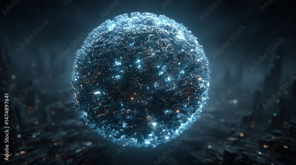 Poster futuristic city sphere: a glowing orb of technological complexity suspended above a dystopian landsc