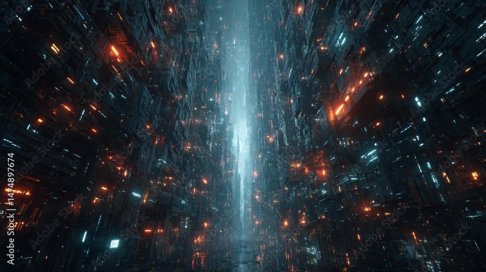 Aufkleber Futuristic Cityscape: Glowing Structures and Reflective Surfaces Illuminate a Cyberpunk Metropolis