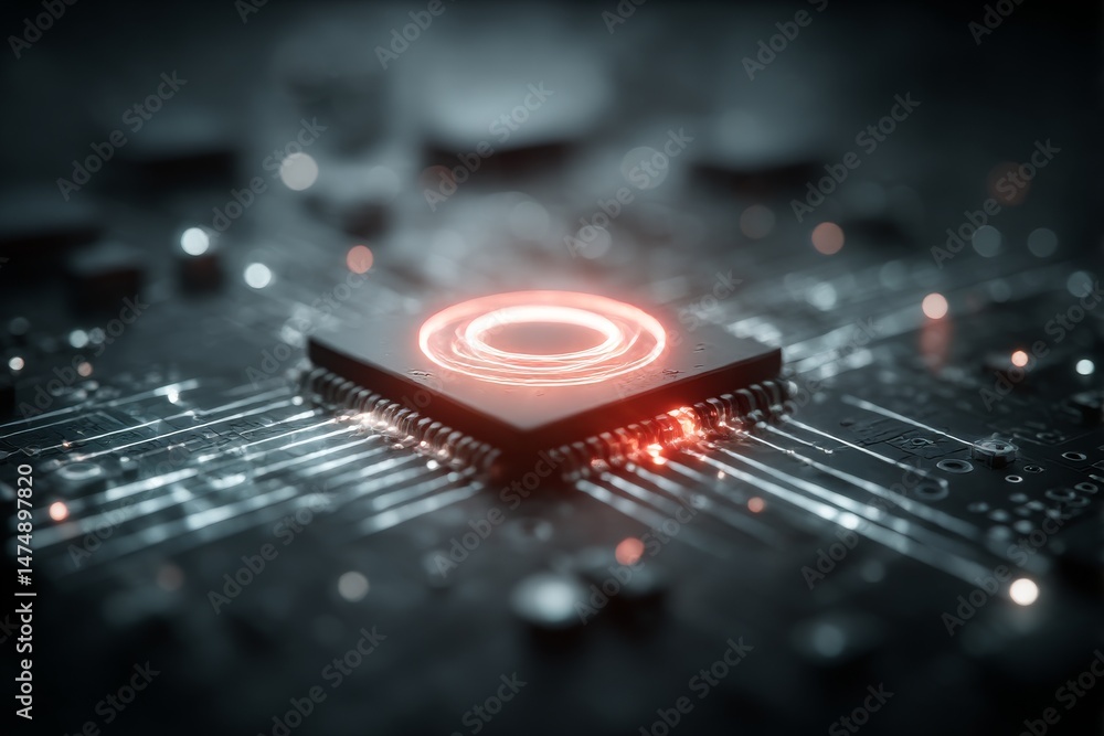 Aufkleber futuristic microchip with glowing red core: powering artificial intelligence and advanced computing 