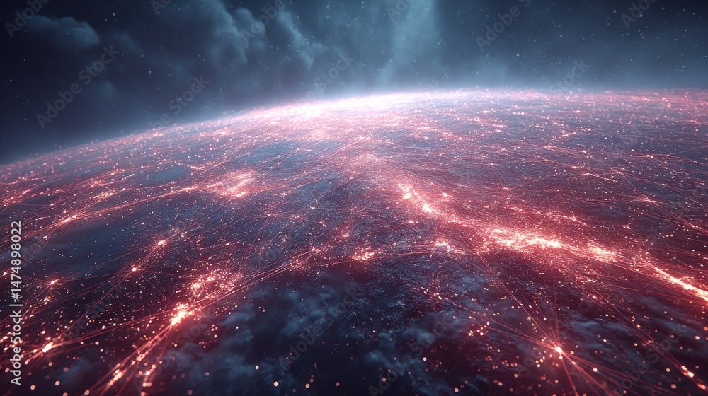 Poster Global Network: A luminous web of interconnected data and energy spans the Earth under a dark and cloudy sky.