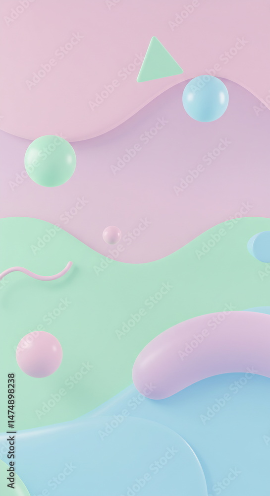 Poster abstract 3d rendering with pastel geometric shapes and waves