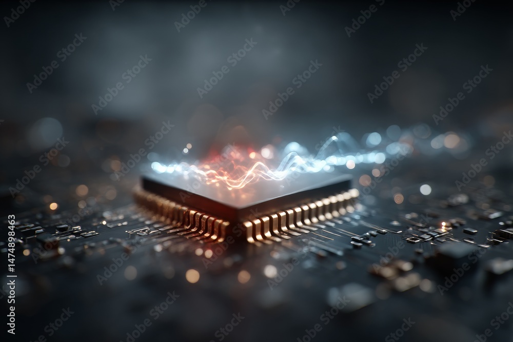 Poster microchip close-up on motherboard with glowing trails depicting data flow and processing in modern t