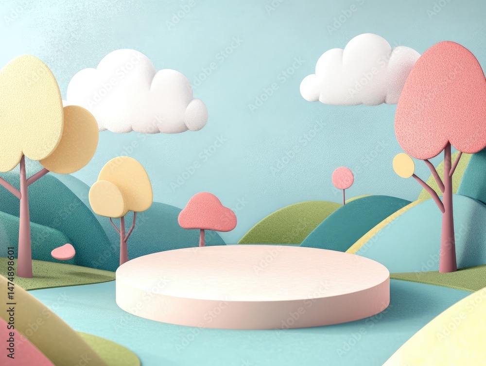 Poster pastel landscape with a circular display platform