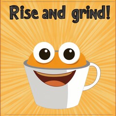 A smiling cartoon cup with the words "rise and grind" written below it. The image conveys a positive
